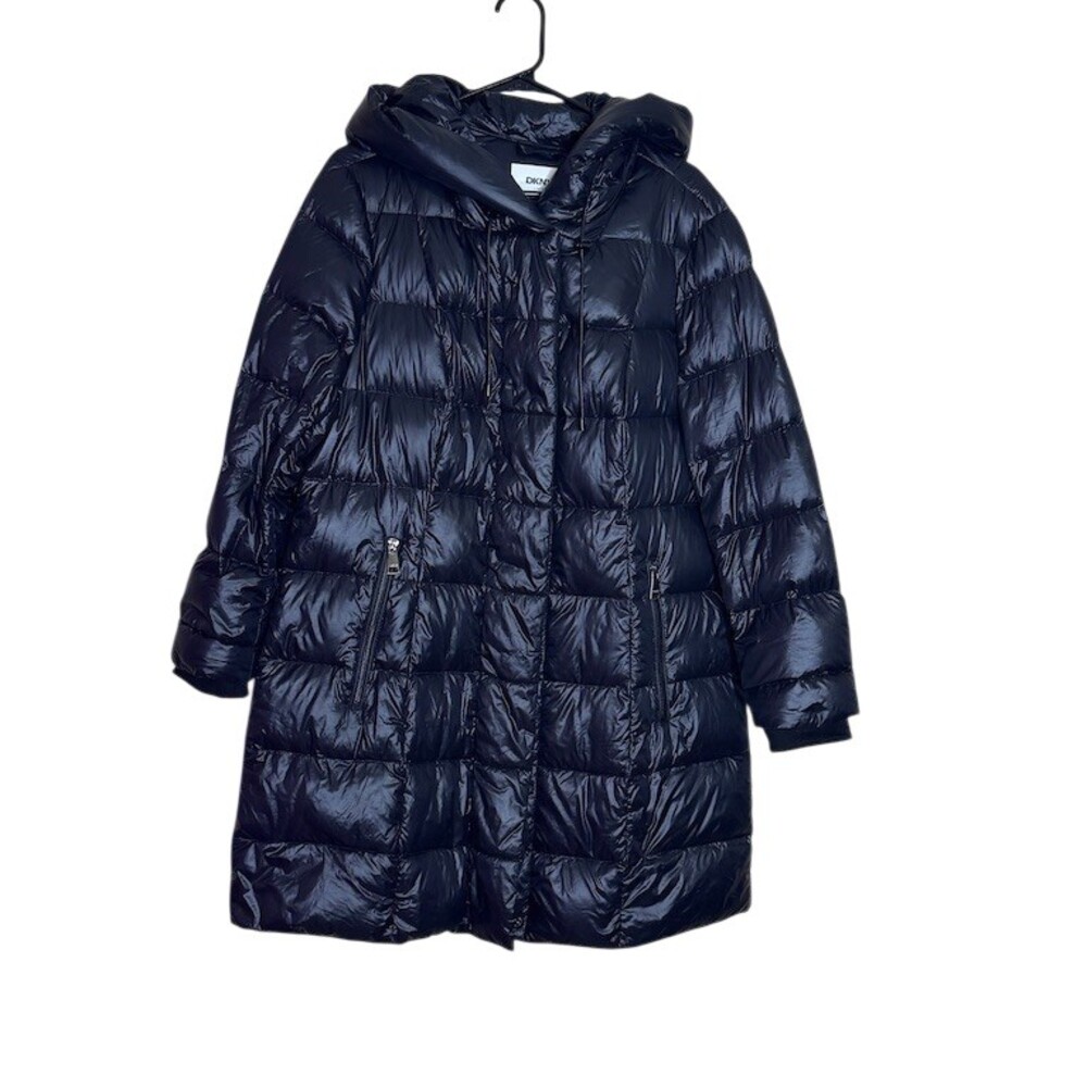 DKNY Womens Long Hooded Shiny Black Down Puffer Coat Full Zip Size L
